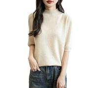 Chanyarn Femme 100% Lain Merino Manches Courtes Pull 2025 Printemps Été Hiver Doux Chaud Col Montant sans Couture Tricot Pull (Beige,S)