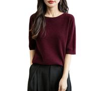 Chanyarn Femme 100% Lain Merino Manches Courtes Pull 2025 Printemps Été Hiver Doux Chaud Col Ras du Cou sans Couture Tricot Pull (Dark Red,L)