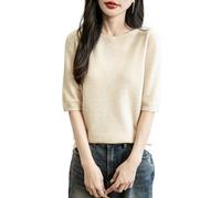 Chanyarn Femme 100% Lain Merino Manches Courtes Pull 2025 Printemps Été Hiver Doux Chaud Col Ras du Cou sans Couture Tricot Pull (Beige,XL)