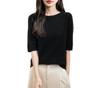 Chanyarn Femme 100% Lain Merino Manches Courtes Pull 2025 Printemps Été Hiver Doux Chaud Col Ras du Cou sans Couture Tricot Pull (Black,M)