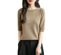 Chanyarn Femme 100% Lain Merino Manches Courtes Pull 2025 Printemps Été Hiver Doux Chaud Col Ras du Cou sans Couture Tricot Pull (Tan,L)