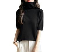 Chanyarn Femme 100% Lain Merino Manches Courtes Pull Col Roulé 2025 Printemps Été Hiver Doux Léger sans Couture Tricot Pull (Black,XL)