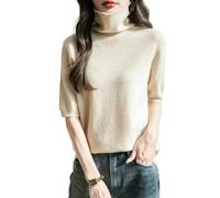 Chanyarn Femme 100% Lain Merino Manches Courtes Pull Col Roulé 2025 Printemps Été Hiver Doux Léger sans Couture Tricot Pull (Beige,S)