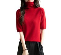 Chanyarn Femme 100% Lain Merino Manches Courtes Pull Col Roulé 2025 Printemps Été Hiver Doux Léger sans Couture Tricot Pull (Red,XL)