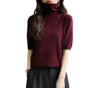 Chanyarn Femme 100% Lain Merino Manches Courtes Pull Col Roulé 2025 Printemps Été Hiver Doux Léger sans Couture Tricot Pull (Dark Red,M)