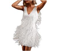 CHAOEN Robe de danse latine à paillettes scintillantes pour femme - Style années 1920 - Avec franges - Ourlet à franges - Pour salsa, samba, rumba, tango, tango, blanc, M