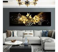 CHAOJIART Art mural abstrait moderne fleurs noires et dorées peintures à l'huile sur toile affiches et impressions HD décoration de salon de chambre 55x165 cm (22x65 pouces) sans cadre