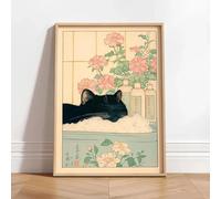 CHAOJIART Chat noir dans une baignoire, art mural de salle de bain japonais, affiche de relaxation, art mural de chat japonais, esthétique minimaliste, impression japonaise 50 x 70 cm sans cadre
