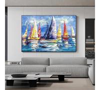 CHAOJIART Grand voilier nautique abstrait peinture à l'huile coloré abstrait voiliers peinture bleu mer mur art photos pour la décoration intérieure 60x90 cm sans cadre