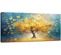 CHAOJIART Grande toile murale décorative jaune doré, arbre de vie, images bleues, impressions, œuvres d'art modernes, décoration pour la maison et le bureau, 70 x 140 cm, cadre intérieur