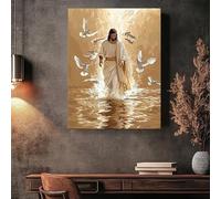 CHAOJIART Jésus-Christ en robe blanche avec colombes, toile, scène illuminée dorée, décoration murale bohème pour salon (50 x 70 cm, sans cadre)