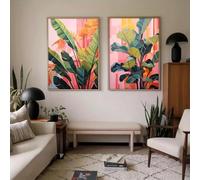 CHAOJIART Lot de 2 affiches sur toile abstraites bohèmes représentant un palmier et un figuier rose vif, style tropical, avec des feuilles botaniques modernes (40 x 60 cm x 2/cadre).