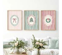 CHAOJIART Lot de 3 affiches imprimées sur toile à rayures avec nœud papillon et couronne de Noël (21 x 30 cm x 3 / Toile tendue sur châssis) - Décoration murale colorée - Idée cadeau pour les fêtes