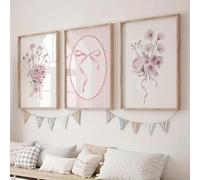 CHAOJIART Lot de 3 affiches murales florales botaniques à nœud rose pour chambre de bébé fille, peinture esthétique pour la décoration de chambre d'enfant (21 x 30 cm x 3 / Toile tendue sur châssis)