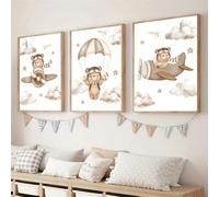 CHAOJIART Lot de 3 affiches sur toile à thème animalier (ours, parachute, nuages), art abstrait, décoration murale pour chambre d'enfant (30 x 50 cm x 3 / sans cadre)