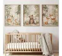 CHAOJIART Lot de 3 affiches sur toile représentant la faune de la forêt et de la jungle : ours et renard mignons, art mural pour salon, chambre d'enfant (60 x 90 cm x 3 / Toile tendue sur châssis)