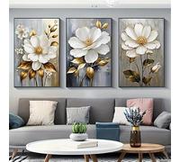 CHAOJIART Lot de 3 toiles imprimées représentant des feuilles dorées et des fleurs blanches, décoration murale moderne pour salon et chambre (60 x 80 cm x 3 / sans cadre)