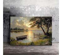 CHAOJIART Tableau sur toile « Coucher de soleil serein sur un lac et un bateau », décoration intérieure côtière, décoration murale pour salon, chambre (20 x 30 cm/sans cadre)