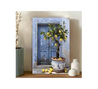 CHAOJIART Toile murale représentant un citronnier méditerranéen, décoration de cuisine rustique avec porte bleue et citron, art italien esthétique, bleu et jaune (40 x 60 cm, sans cadre)