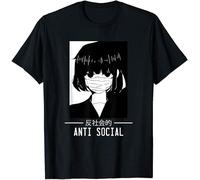 CHAOOFANG Anti Social Japanese Text Aesthetic Vaporwave Anime Gift T-Shirt Black Cotton. Black