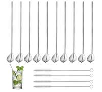 CHAOTEMAI 10 Pièces Cuillère Paille Inox Design 2 en 1 + 4 Pièces Brosse de Nettoyage Paille Cuillere Granita Extra Long Reutilisable pour Smoothies Yaourts Thé au Lait Cocktails Mojito