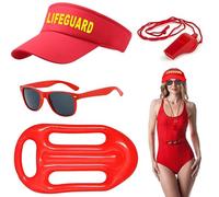 CHAOTEMAI 4 Pièces Deguisement Adulte Costume de Sauveteur Homme Femme Déguisement Drole Accessoires Plage Accessoires Casquette Visière Sifflet Lunettes Soleil Bouée Sauvetage Deguisement