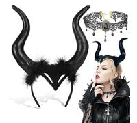 CHAOTEMAI Corne Diable Halloween Avec Collier en Dentelle Gothique Vintage Corne Demon Reine Noir Serre Tete Halloween Devil Horns pour Cosplay Soirées Thème Diable Sorcière Reine Femme