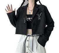 CHAOYI Haut court noir style hip-hop des années 90 - Style coréen - Veste à manches longues - Style streetwear Y2k Harajuku - Noir avec chaîne, S