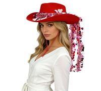 Chaoyinn Fedora Cowboy Pour Femme Avec Une Chaîne Scintillante En Forme Cœur Saint Valentin Chapeaux Cowgirl Ouest Large Bord Rouge Taille unique