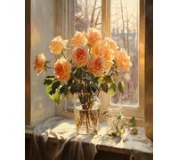 Chaozhirui Modèle de point de croix imprimé, kit de point de croix 11CT pour brodeuses confirmées, 40x50cm, nature morte à faire soi-même avec des roses, roses devant une fenêtre.