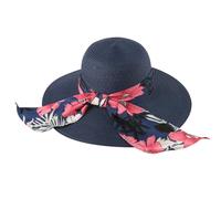 Chapeau à bord large pour femme été plage élégant avec ruban floral protection solaire, style Pamela Vacances jardin, Bleu marine, 57 cm