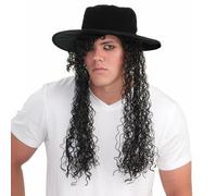 Chapeau Adulte Des Années 80 Et Perruque Costume Noire Longue Et Bou