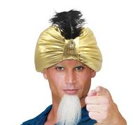 Chapeau arabe - Turban sultan en satin avec plumes et pierres précieuses | Chapeau de prince arabe brillant et confortable | Couvre-chef de prince arabe doré pour hommes, femmes et adolescents