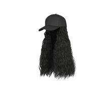 Chapeau avec Cheveux Attachés Perruque longue et lisse avec chapeau noir blanc for femme, perruque en cheveux synthétiques Naturally Connect, ajustable, style casquette de baseball