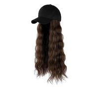 Chapeau avec Cheveux Attachés Perruque longue et lisse avec chapeau noir blanc for femme, perruque en cheveux synthétiques Naturally Connect, ajustable, style casquette de baseball