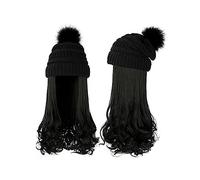 Chapeau avec Cheveux Chapeau Long Cheveux Bouclés Ondulés Dames Perruque Synthétique Hiver Chaud Bonnet Tricoté Détachable 22 Pouces Brun Doré