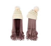 Chapeau avec Cheveux Chapeau Long Cheveux Bouclés Ondulés Dames Perruque Synthétique Hiver Chaud Bonnet Tricoté Détachable 22 Pouces Brun Doré