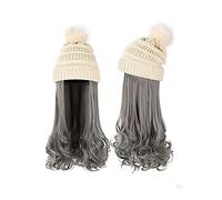 Chapeau avec Cheveux Chapeau Long Cheveux Bouclés Ondulés Dames Perruque Synthétique Hiver Chaud Bonnet Tricoté Détachable 22 Pouces Brun Doré