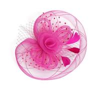 Chapeau bibi élégant en maille avec plumes et fleurs antidérapantes pour femme, pour le thé, les mascarades et les événements spéciaux, rose rouge, Taille unique