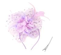 Chapeau bibi pour femme en maille avec fleur et plumes avec bandeau et clip pour filles et femmes 1 pièce, 22,1 cm de diamètre/violet clair, Taille unique