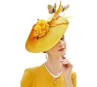 Chapeau bibi rouge à fleurs et papillons for femme, accessoire de cocktail, idéal for une soirée thé ou église(Yellow)