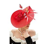 Chapeau bibi rouge à fleurs et papillons for femme, accessoire de cocktail, idéal for une soirée thé ou église(Red)