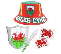 Chapeau bob avec épée et bouclier du Pays de Galles et tatouages - Chapeau rouge avec dragon gallois, épée et bouclier gonflables du drapeau du Pays de Galles - Accessoires de déguisement