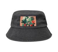 Chapeau bob de cowboy noir avec plantes vertes en pot d'intérieur imprimés tendance adapté pour les voyages en plein air et la pêche, Noir/blanc, taille unique