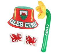 Chapeau bob du Pays de Galles, jonquilles et tatouages - Chapeau rouge avec dragon gallois, jonquille gonflable et drapeau gallois - Accessoires de déguisement
