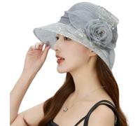 Chapeau Bob Élégant Pour Femme, En Organza, À Larges Bords Et Sequins, Orné De Fleurs Hat Cloche Idéal Pour Les Mariages Sorties Et Activités(Gray)