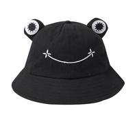 Chapeau bob grenouille mignon en coton à large bord chapeau de soleil pêcheur pour adultes femmes filles, Noir , taille unqiue-L