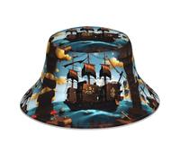 Chapeau bob réfléchissant double face motif bateau pirate dessin animé, impression double face, convient à toutes les saisons noir, noir, taille unique