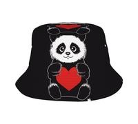 Chapeau cloche unisexe mignon panda tenant un cœur d'été casquette de pêcheur de voyage chapeau de soleil de plage chapeau de soleil casquette d'extérieur noir
