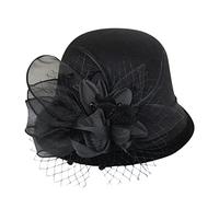 Chapeau cloche vintage en faux feutre pour femme - Style années 1920 - Chapeau d'église élégant avec fleur Fedora, Noir, taille unique